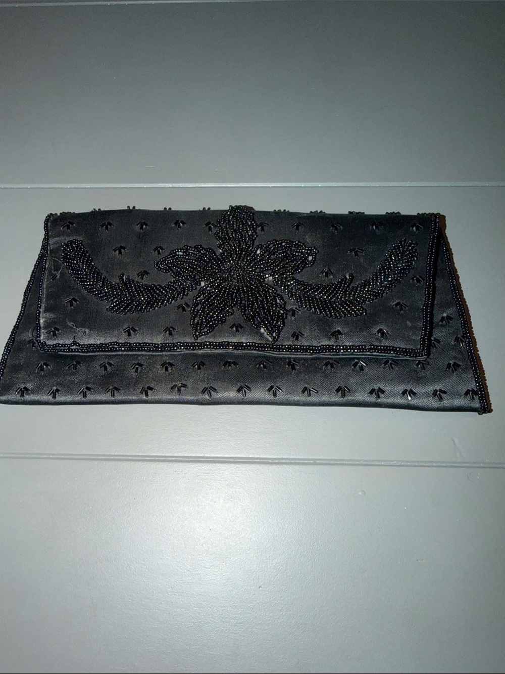 Garay Seed Beaded Clutch Evening Bag black satin made in Japan 🐈⬛